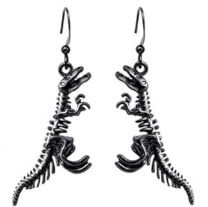 Dark Silver Gothic Dinosaur Skeleton Earrings Dino Bones Charm Goth Dangle New